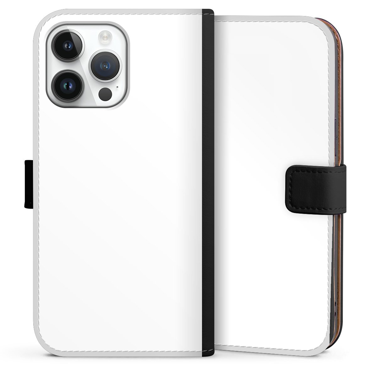 iPhone 14 Pro Max Handy Klapphülle Handyhülle aus Kunst Leder schwarz Flip Case Unicoloured Colour White Sideflip mit Lasche