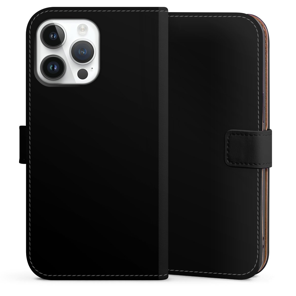 iPhone 14 Pro Max Handy Klapphülle Handyhülle aus Kunst Leder schwarz Flip Case Black Colour Unicoloured Sideflip mit Lasche