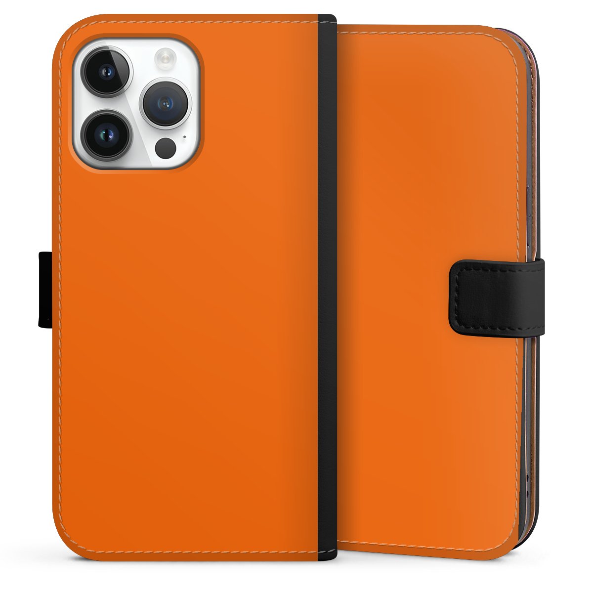 iPhone 14 Pro Max Handy Klapphülle Handyhülle aus Kunst Leder schwarz Flip Case Orange Colour Unicoloured Sideflip mit Lasche