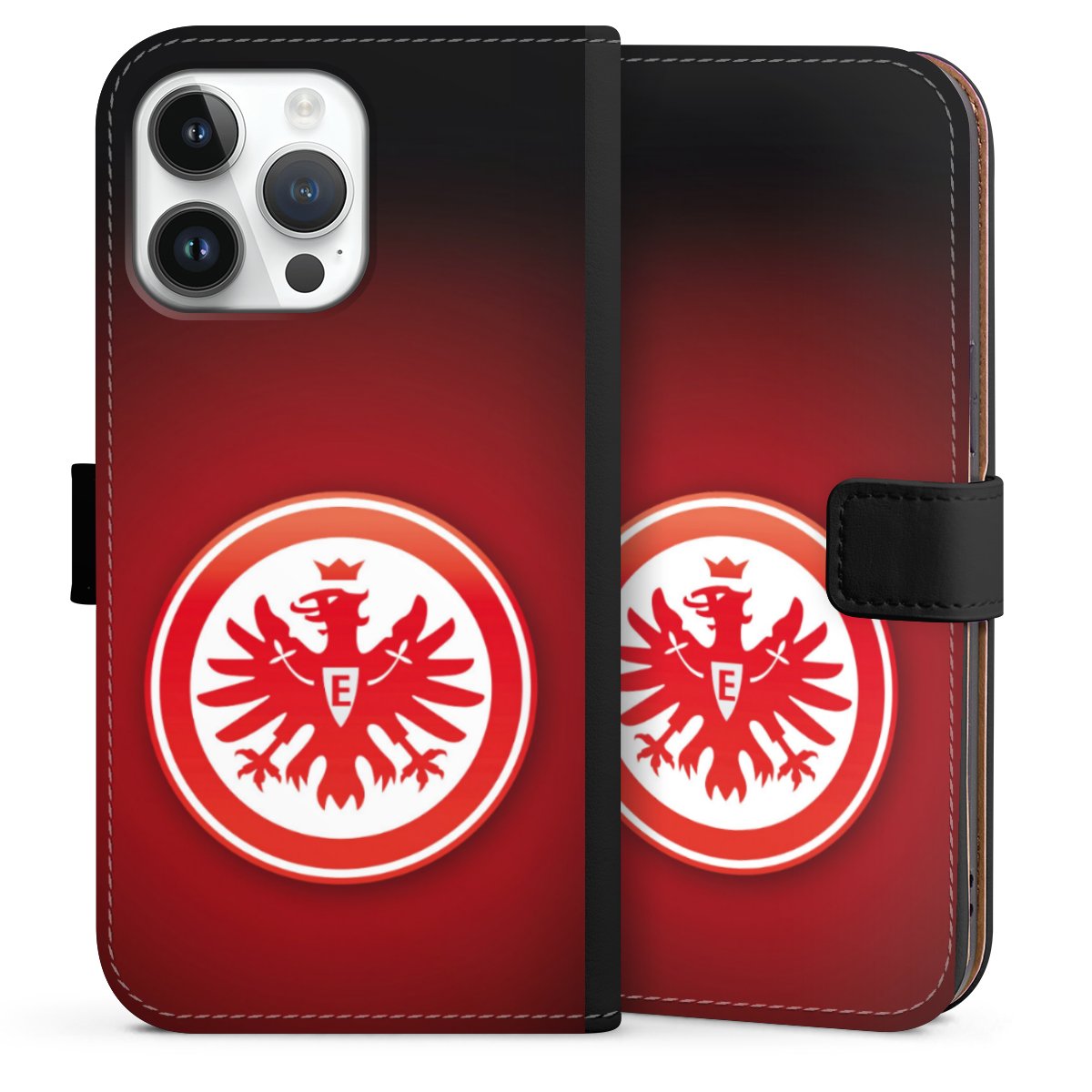 iPhone 14 Pro Max Handy Klapphülle Handyhülle aus Kunst Leder schwarz Flip Case Eintracht Frankfurt Official Licensed Product Coat Of Arms Sideflip mit Lasche