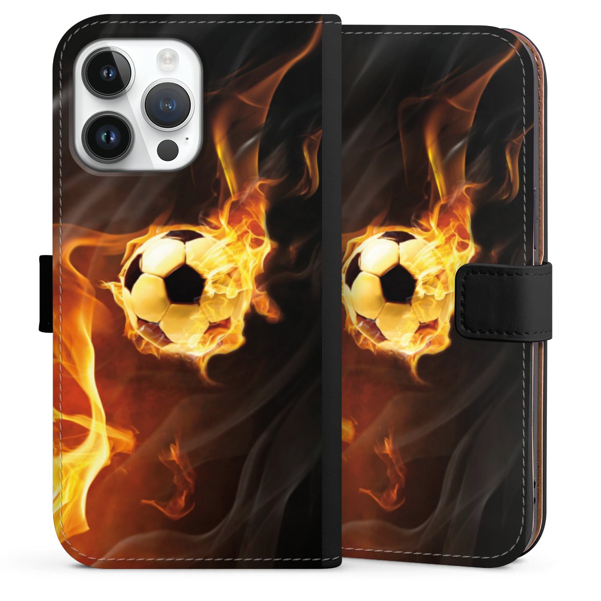 iPhone 14 Pro Max Handy Klapphülle Handyhülle aus Kunst Leder schwarz Flip Case Ball Fire Soccer Sideflip mit Lasche