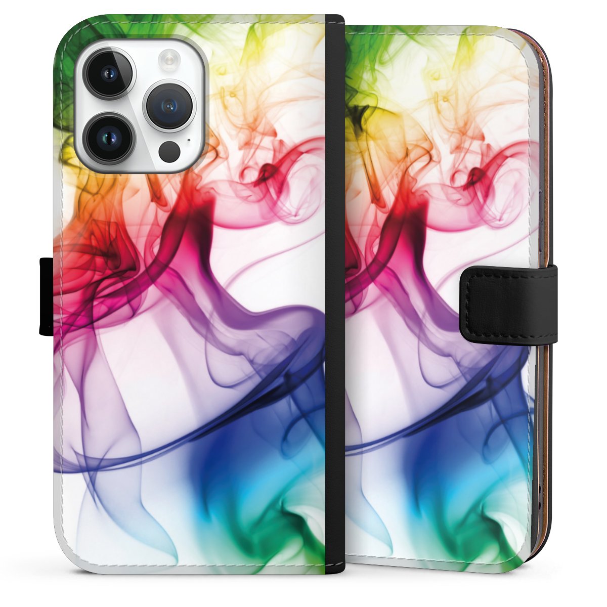 iPhone 14 Pro Max Handy Klapphülle Handyhülle aus Kunst Leder schwarz Flip Case Water Colour Rainbow Sideflip mit Lasche