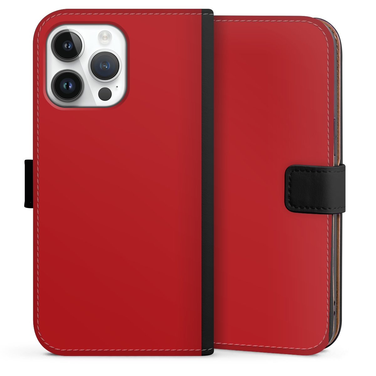 iPhone 14 Pro Max Handy Klapphülle Handyhülle aus Kunst Leder schwarz Flip Case Colour Unicoloured Red Sideflip mit Lasche