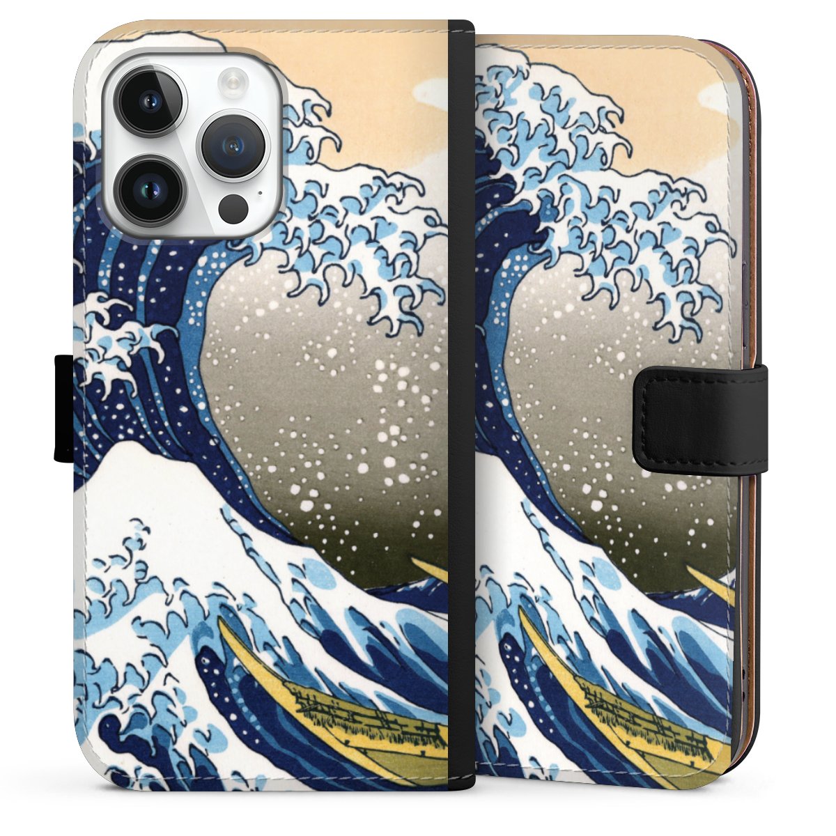 iPhone 14 Pro Max Handy Klapphülle Handyhülle aus Kunst Leder schwarz Flip Case Kunst Katsushika Hokusai Die Große Welle Vor Kanagawa Sideflip mit Lasche