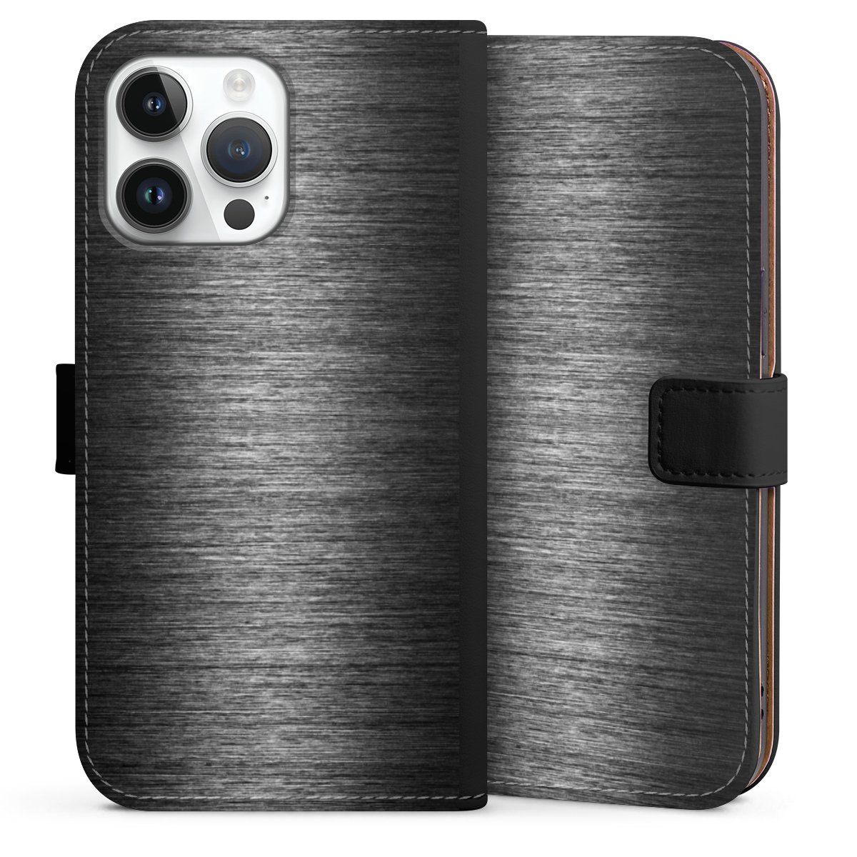 iPhone 14 Pro Max Handy Klapphülle Handyhülle aus Kunst Leder schwarz Flip Case Metallic Look Anthracite Metal Sideflip mit Lasche