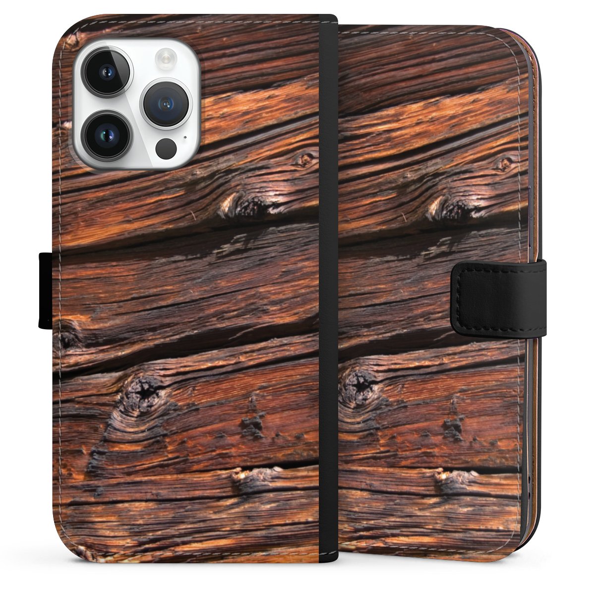 iPhone 14 Pro Max Handy Klapphülle Handyhülle aus Kunst Leder schwarz Flip Case Beams Wooden Look Wood Sideflip mit Lasche