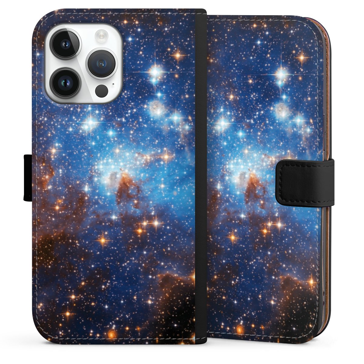 iPhone 14 Pro Max Handy Klapphülle Handyhülle aus Kunst Leder schwarz Flip Case Star Weltall Galaxy Sideflip mit Lasche