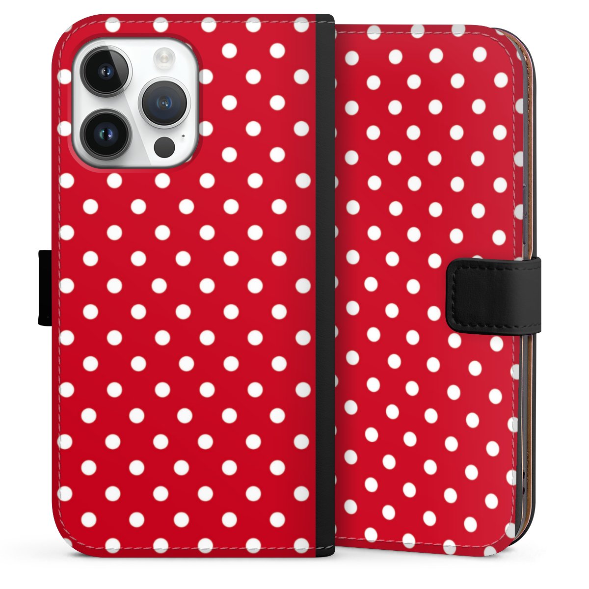 iPhone 14 Pro Max Handy Klapphülle Handyhülle aus Kunst Leder schwarz Flip Case Points Polka Dots Retro Sideflip mit Lasche