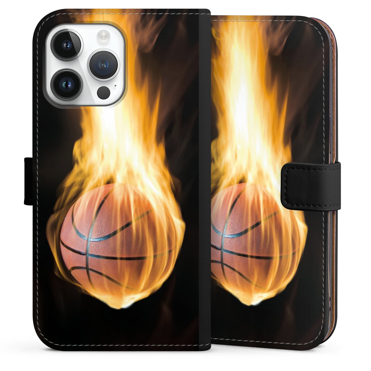 iPhone 14 Pro Max Handy Klapphülle Handyhülle aus Kunst Leder schwarz Flip Case Basketball Sports Fire Sideflip mit Lasche