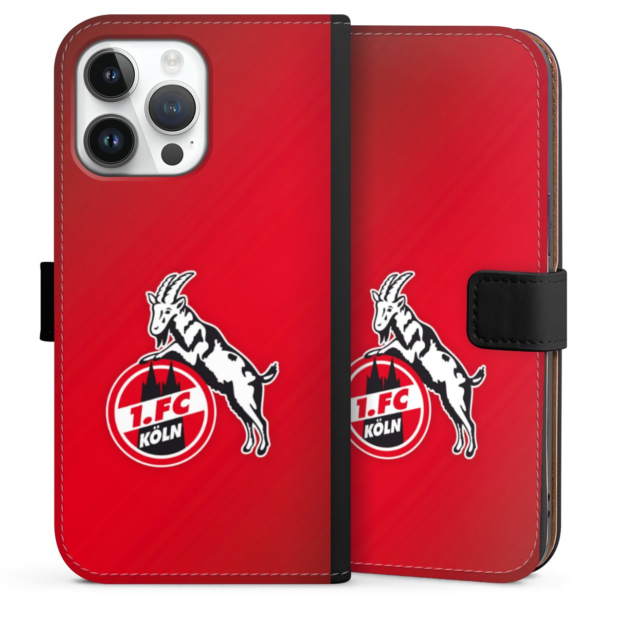 iPhone 14 Pro Max Handy Klapphülle Handyhülle aus Kunst Leder schwarz Flip Case Official Licensed Product Effzeh 1. Fc Köln Sideflip mit Lasche