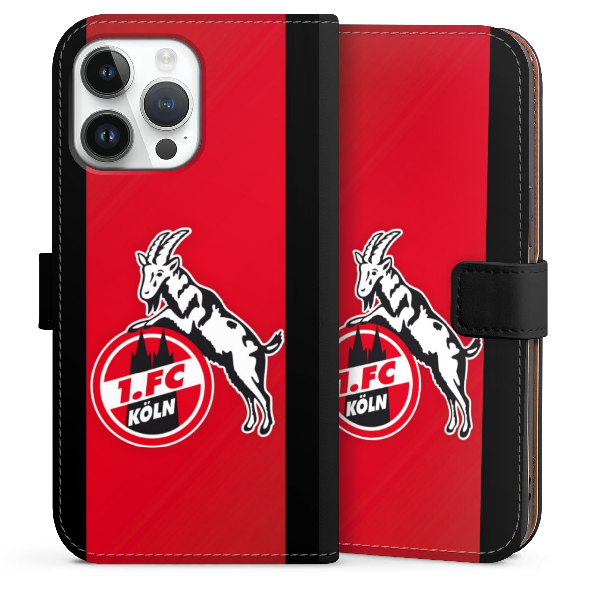 iPhone 14 Pro Max Handy Klapphülle Handyhülle aus Kunst Leder schwarz Flip Case Official Licensed Product Billy Goat Hennes 1. Fc Köln Sideflip mit Lasche