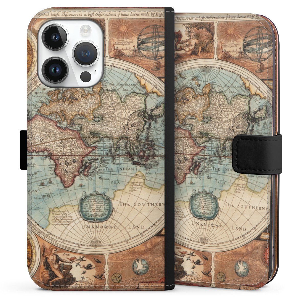 iPhone 14 Pro Max Handy Klapphülle Handyhülle aus Kunst Leder schwarz Flip Case World Map Vintage Map Sideflip mit Lasche