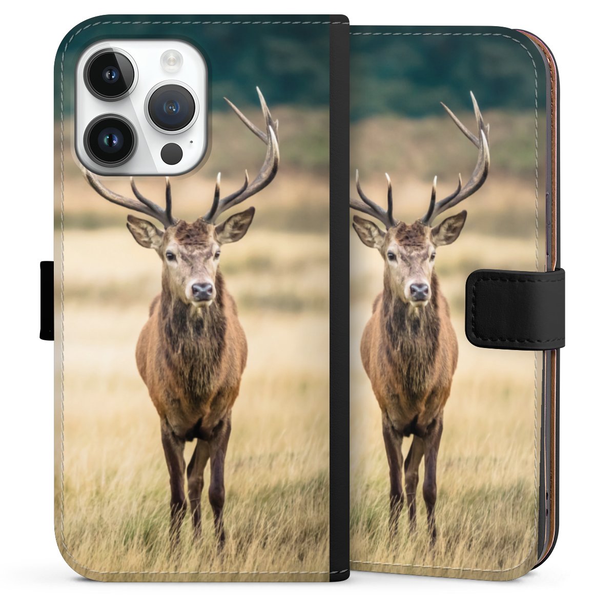 iPhone 14 Pro Max Handy Klapphülle Handyhülle aus Kunst Leder schwarz Flip Case Deer Meadow Forrest Sideflip mit Lasche