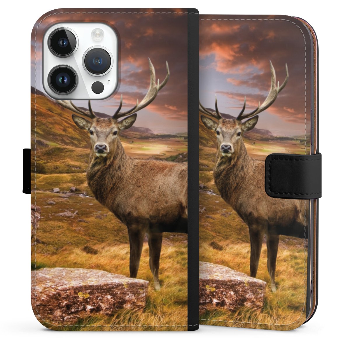 iPhone 14 Pro Max Handy Klapphülle Handyhülle aus Kunst Leder schwarz Flip Case Meadow Mountain Deer Sideflip mit Lasche