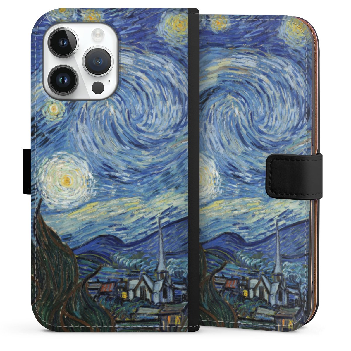 iPhone 14 Pro Max Handy Klapphülle Handyhülle aus Kunst Leder schwarz Flip Case The Starry Night Kunst Vincent Van Gogh Sideflip mit Lasche