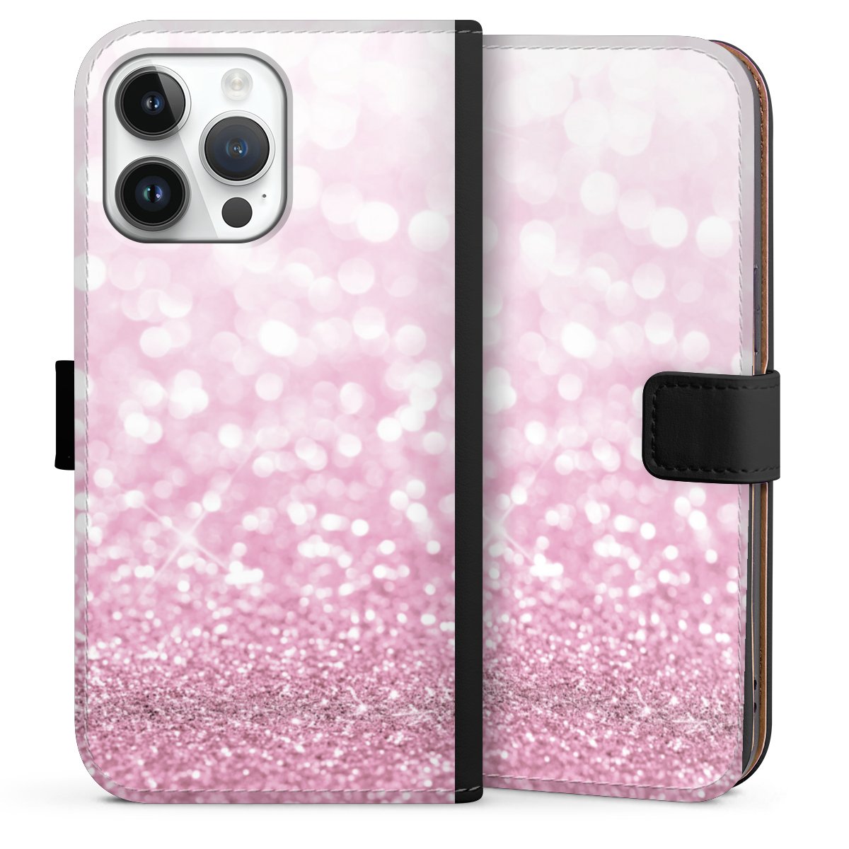 iPhone 14 Pro Max Handy Klapphülle Handyhülle aus Kunst Leder schwarz Flip Case Glitzer Pink Shine Sideflip mit Lasche