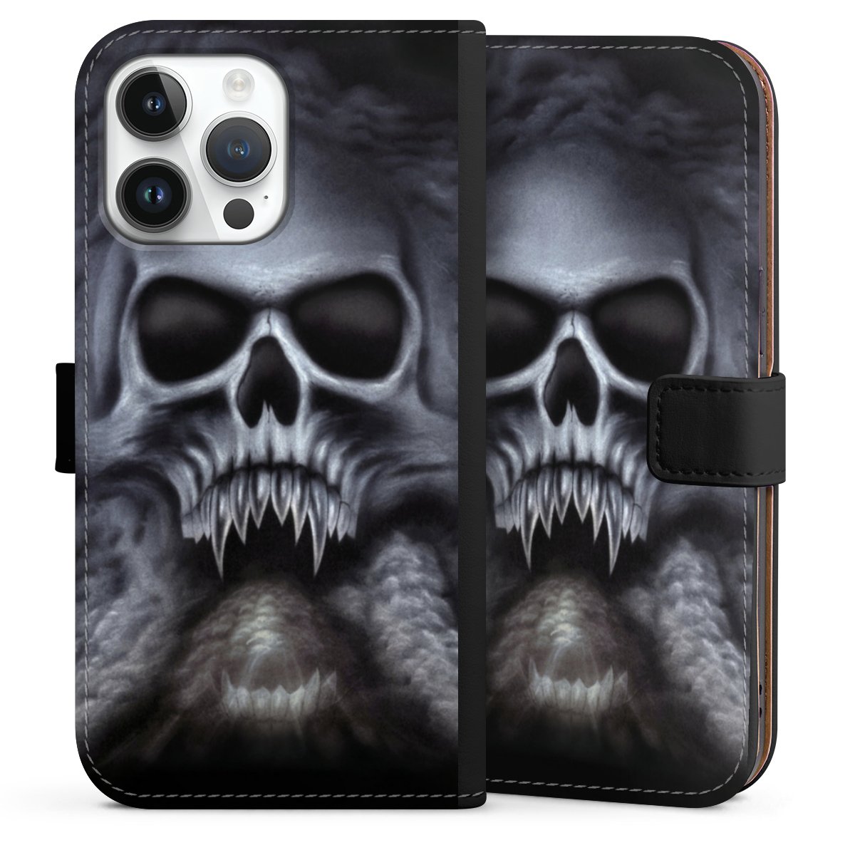 iPhone 14 Pro Max Handy Klapphülle Handyhülle aus Kunst Leder schwarz Flip Case Totenkopf Skull Sideflip mit Lasche