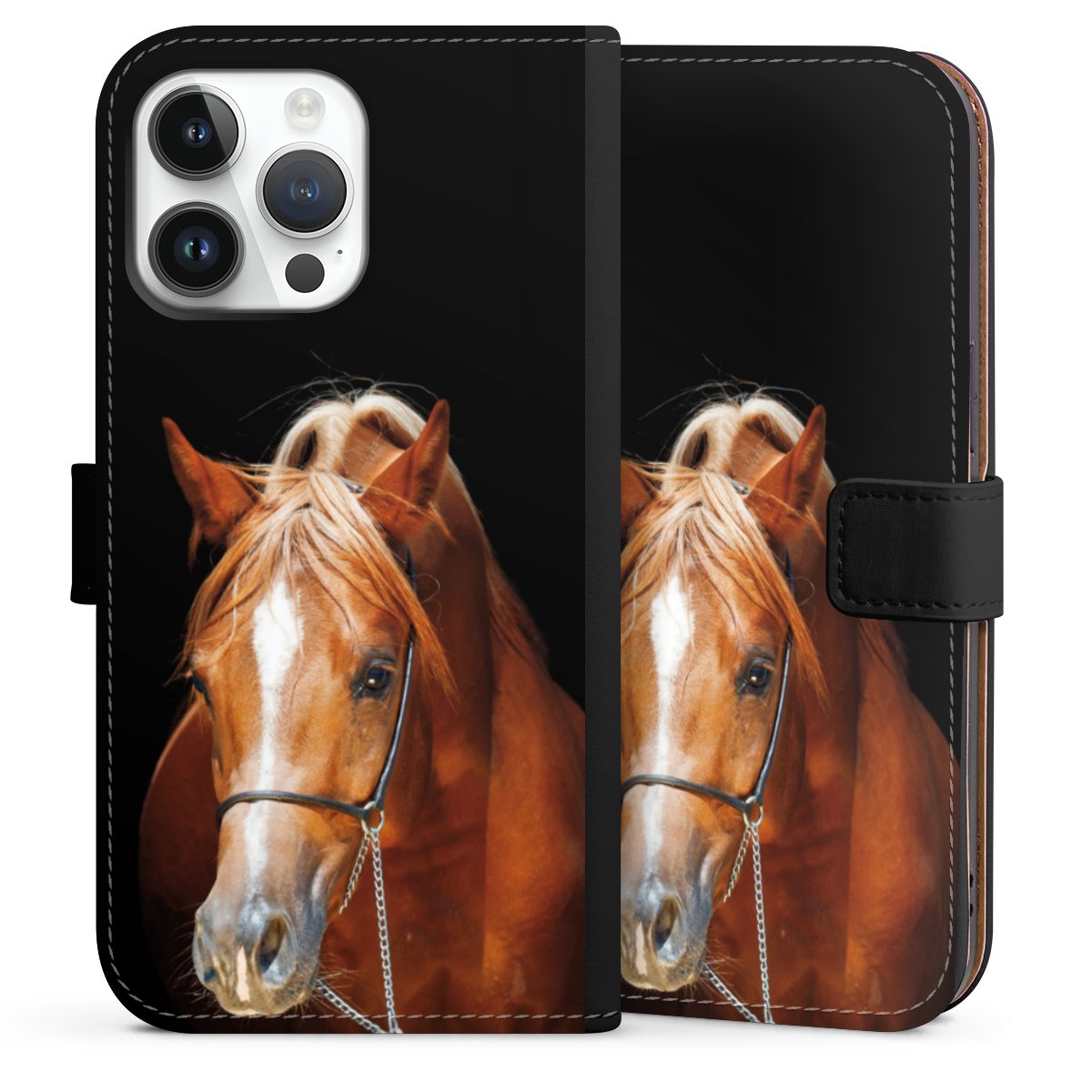 iPhone 14 Pro Max Handy Klapphülle Handyhülle aus Kunst Leder schwarz Flip Case Mare Horse Hobby Sideflip mit Lasche