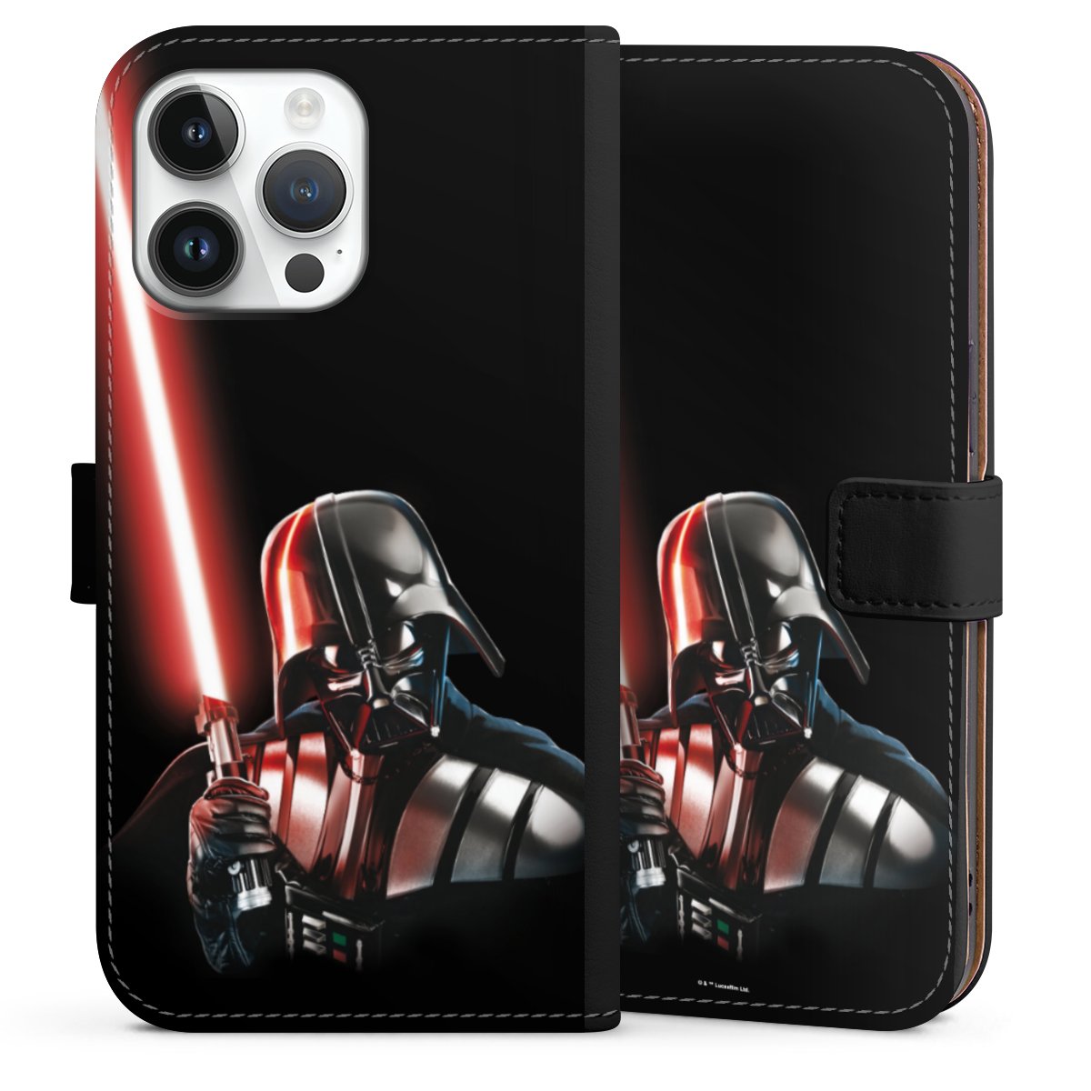 iPhone 14 Pro Max Handy Klapphülle Handyhülle aus Kunst Leder schwarz Flip Case Star Wars Merchandise Darth Vader Sideflip mit Lasche