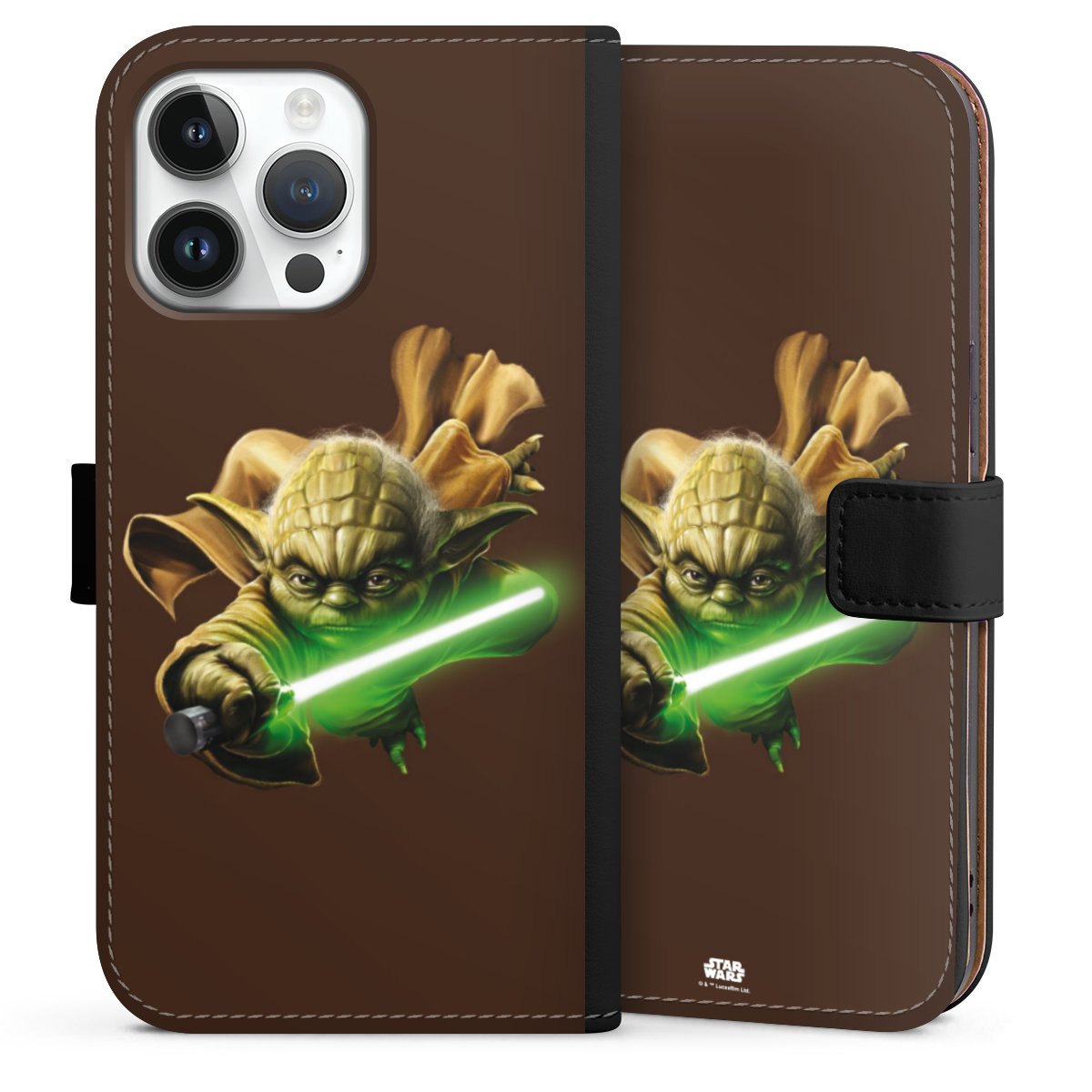 iPhone 14 Pro Max Handy Klapphülle Handyhülle aus Kunst Leder schwarz Flip Case Yoda Merchandise Star Wars Sideflip mit Lasche