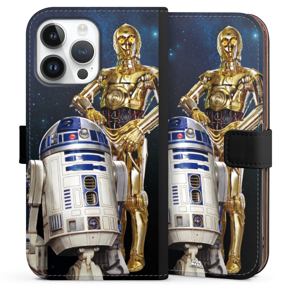 iPhone 14 Pro Max Handy Klapphülle Handyhülle aus Kunst Leder schwarz Flip Case Weltall Star Wars R2d2 Sideflip mit Lasche