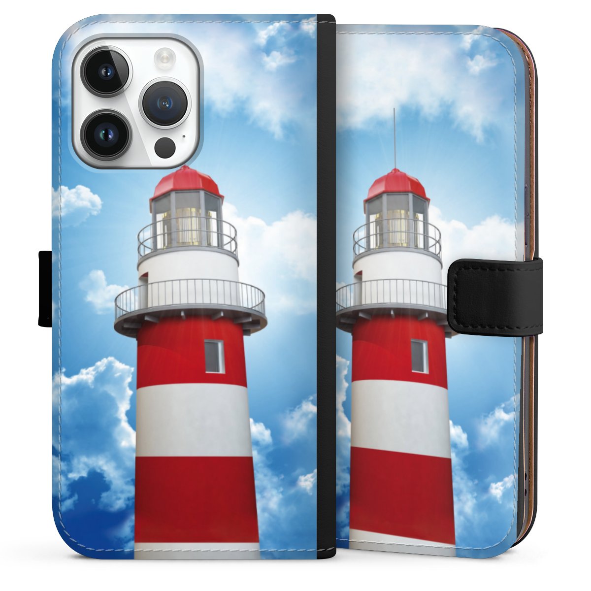 iPhone 14 Pro Max Handy Klapphülle Handyhülle aus Kunst Leder schwarz Flip Case Lighthouse Sky Cloud Sideflip mit Lasche