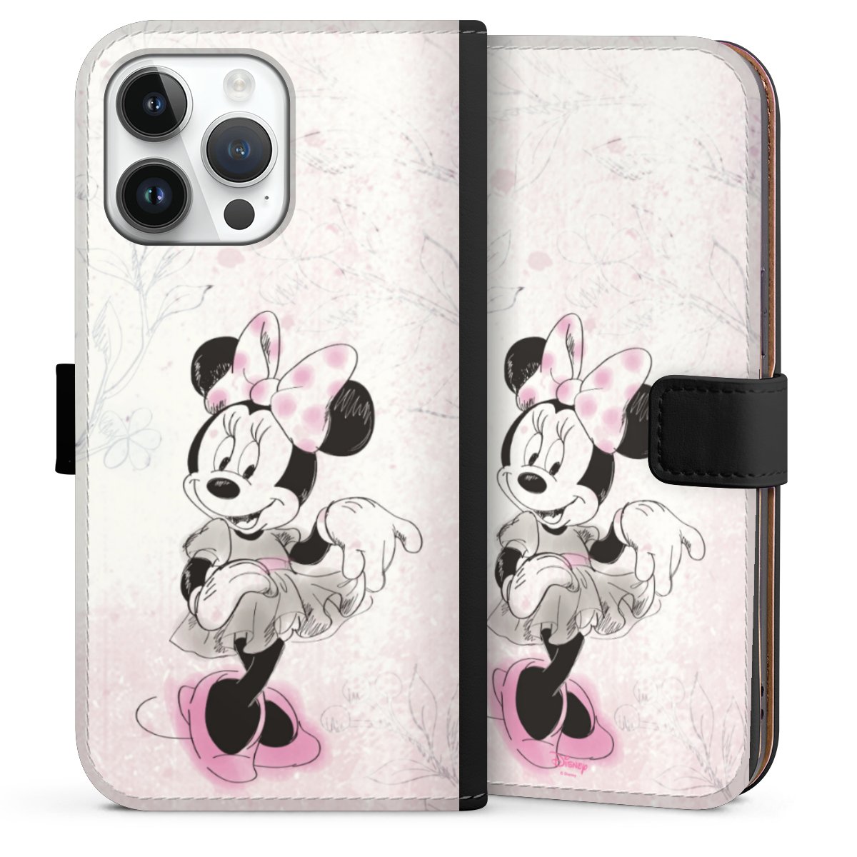 iPhone 14 Pro Max Handy Klapphülle Handyhülle aus Kunst Leder schwarz Flip Case Disney Minnie Mouse Vintage Sideflip mit Lasche