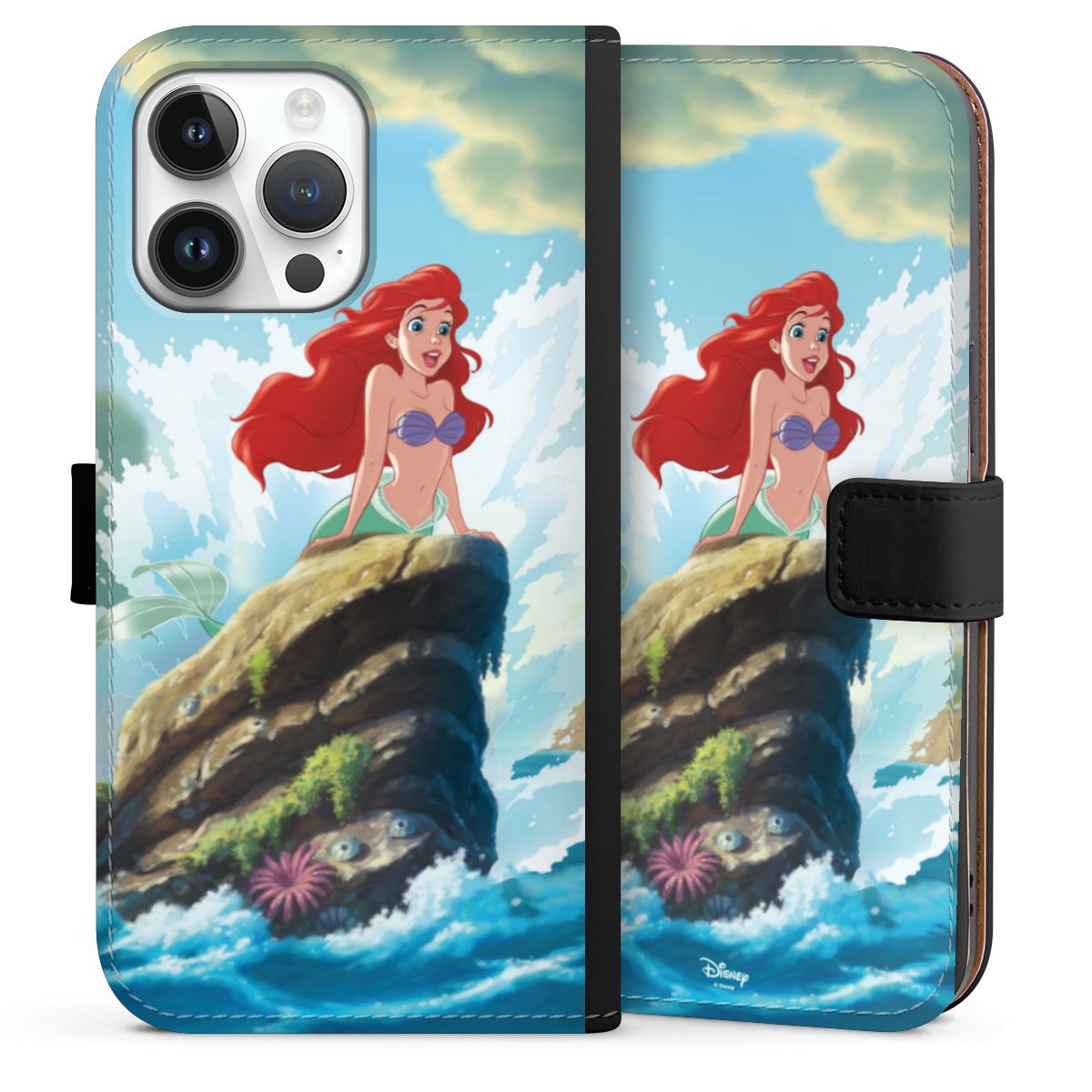 iPhone 14 Pro Max Handy Klapphülle Handyhülle aus Kunst Leder schwarz Flip Case Mermaid Arielle Die Meerjungfrau Official Licensed Product Sideflip mit Lasche