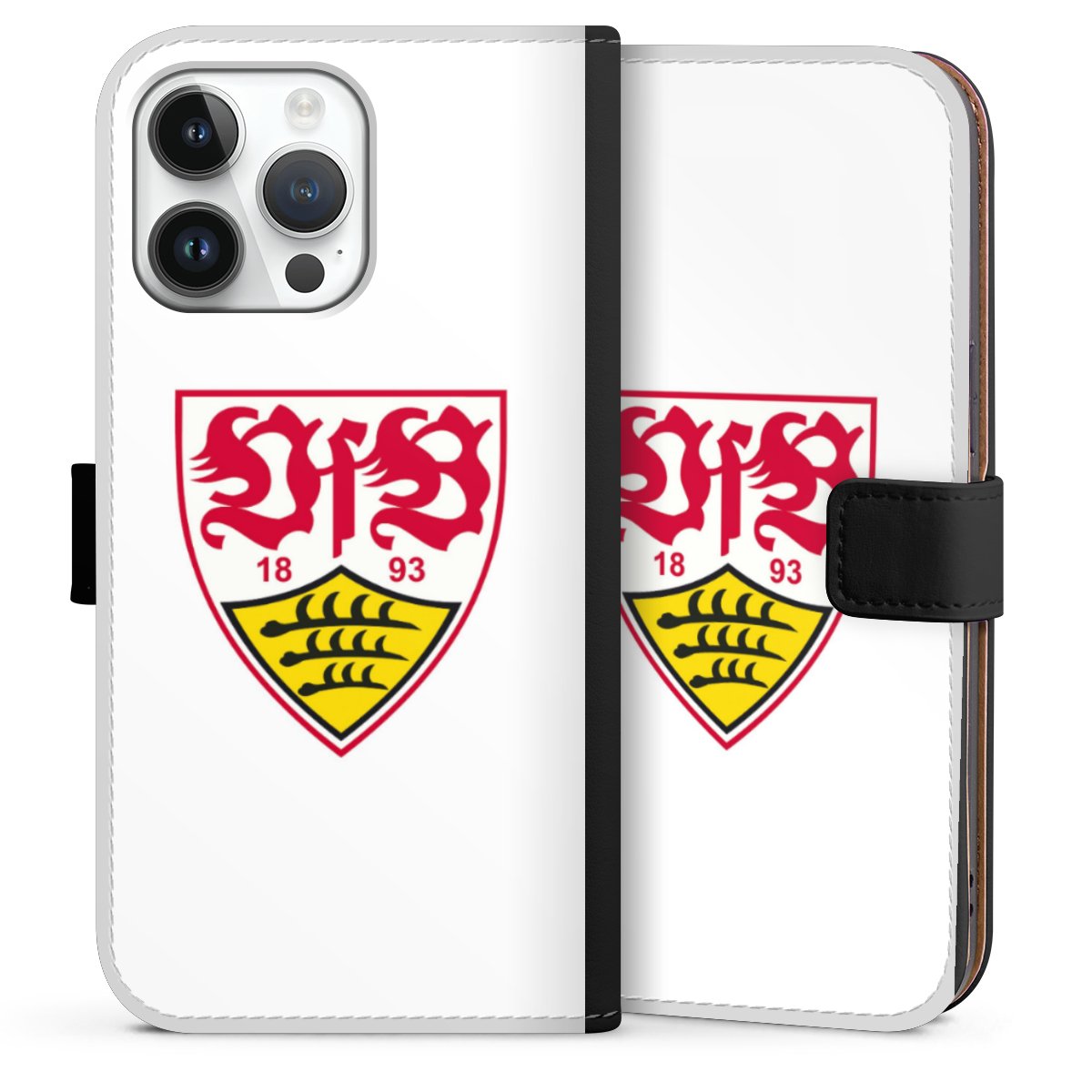 iPhone 14 Pro Max Handy Klapphülle Handyhülle aus Kunst Leder schwarz Flip Case Logo Official Licensed Product Vfb Stuttgart Sideflip mit Lasche