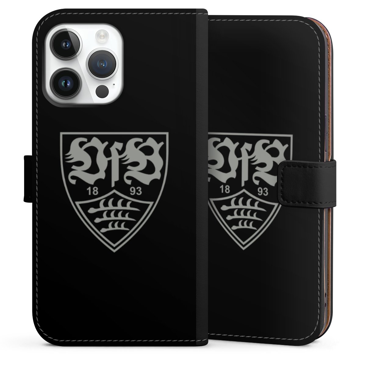 iPhone 14 Pro Max Handy Klapphülle Handyhülle aus Kunst Leder schwarz Flip Case Official Licensed Product Vfb Stuttgart Sideflip mit Lasche