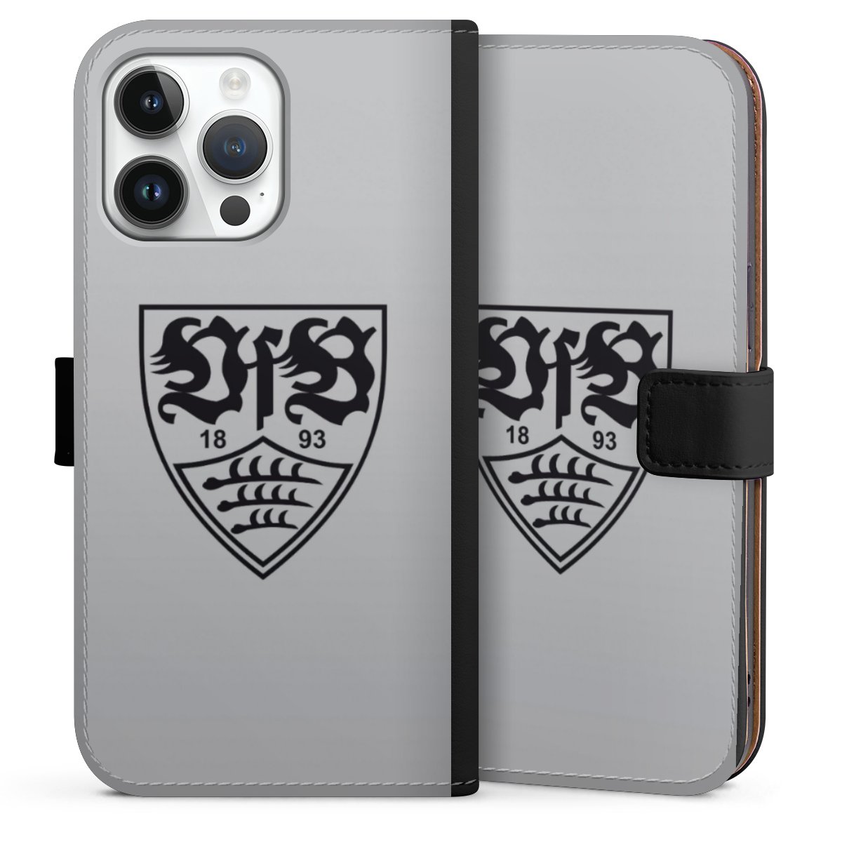 iPhone 14 Pro Max Handy Klapphülle Handyhülle aus Kunst Leder schwarz Flip Case Logo Vfb Stuttgart Official Licensed Product Sideflip mit Lasche