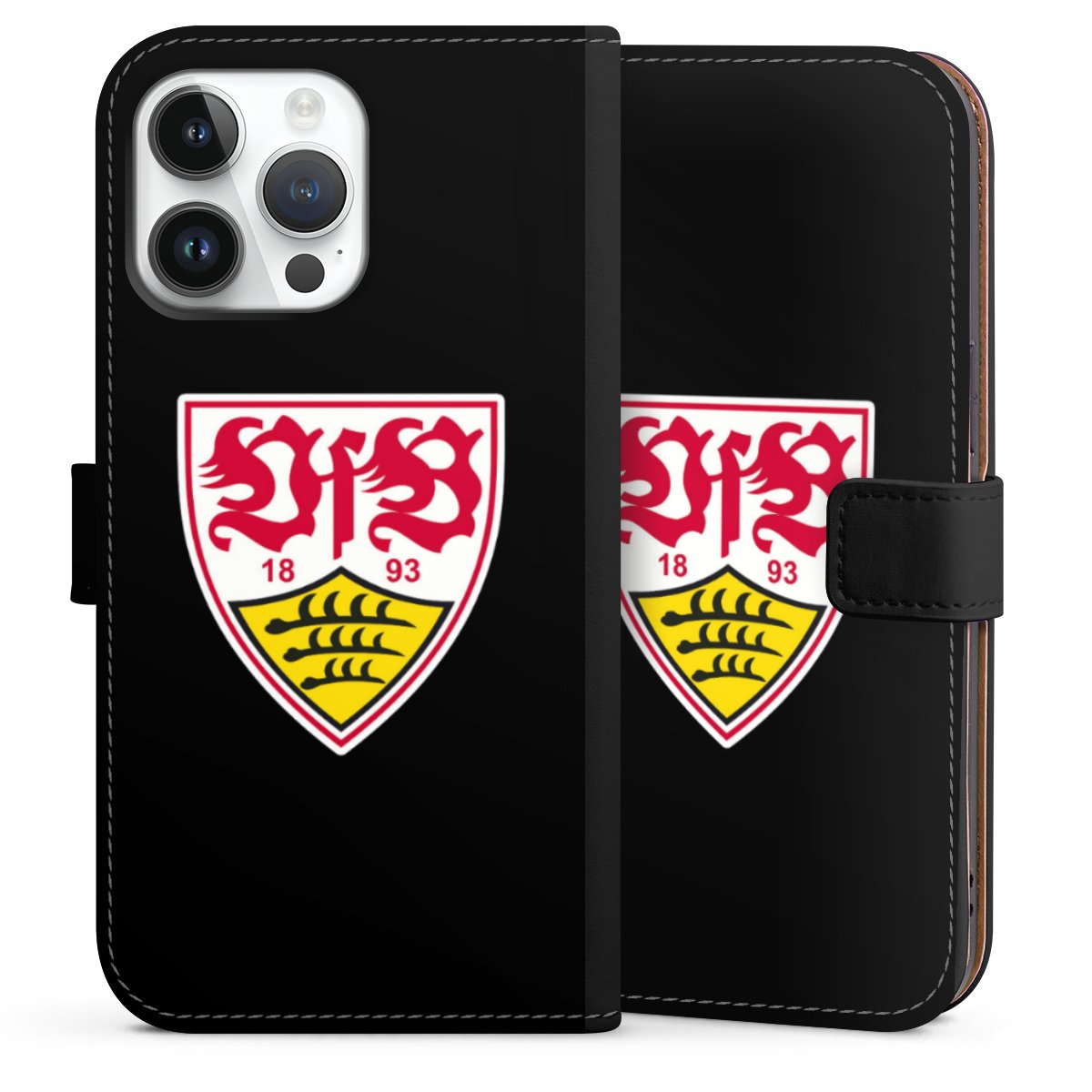 iPhone 14 Pro Max Handy Klapphülle Handyhülle aus Kunst Leder schwarz Flip Case Vfb Stuttgart Official Licensed Product Coat Of Arms Sideflip mit Lasche