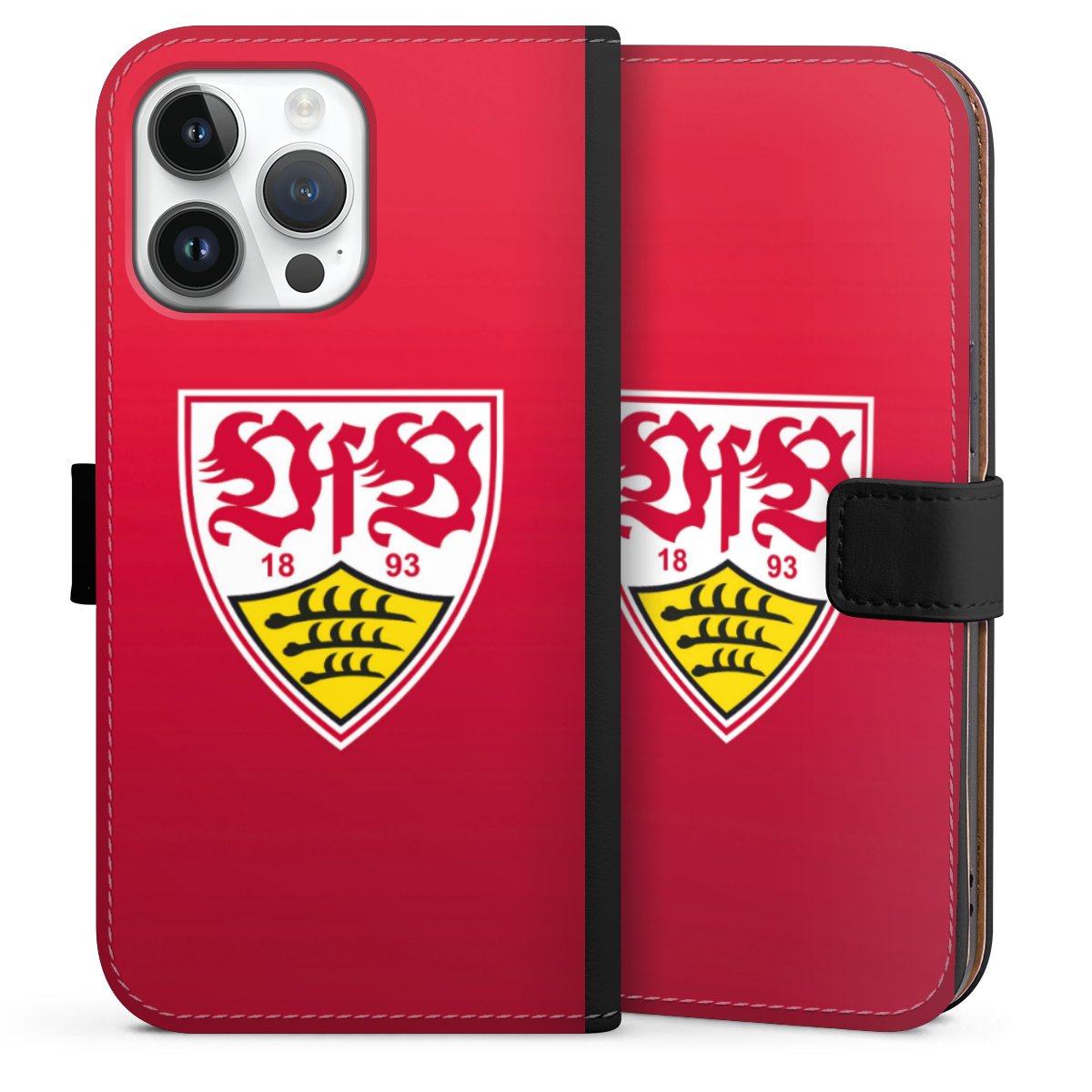 iPhone 14 Pro Max Handy Klapphülle Handyhülle aus Kunst Leder schwarz Flip Case Official Licensed Product Vfb Stuttgart Sideflip mit Lasche