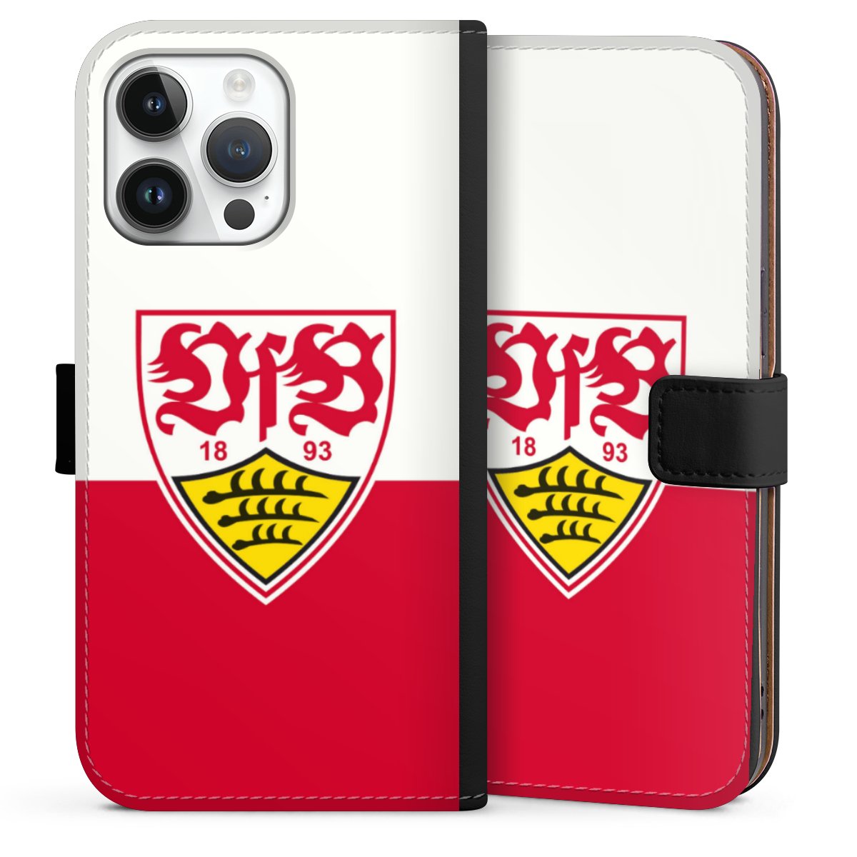 iPhone 14 Pro Max Handy Klapphülle Handyhülle aus Kunst Leder schwarz Flip Case Official Licensed Product Logo Vfb Stuttgart Sideflip mit Lasche