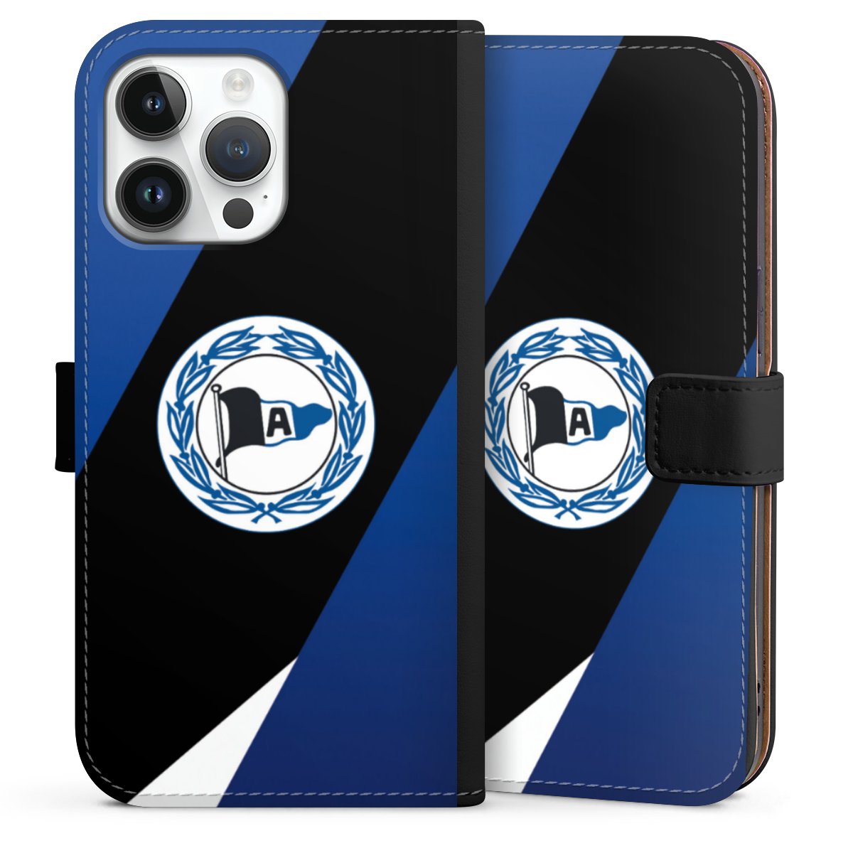 iPhone 14 Pro Max Handy Klapphülle Handyhülle aus Kunst Leder schwarz Flip Case Official Licensed Product Arminia Bielefeld Dsc Sideflip mit Lasche