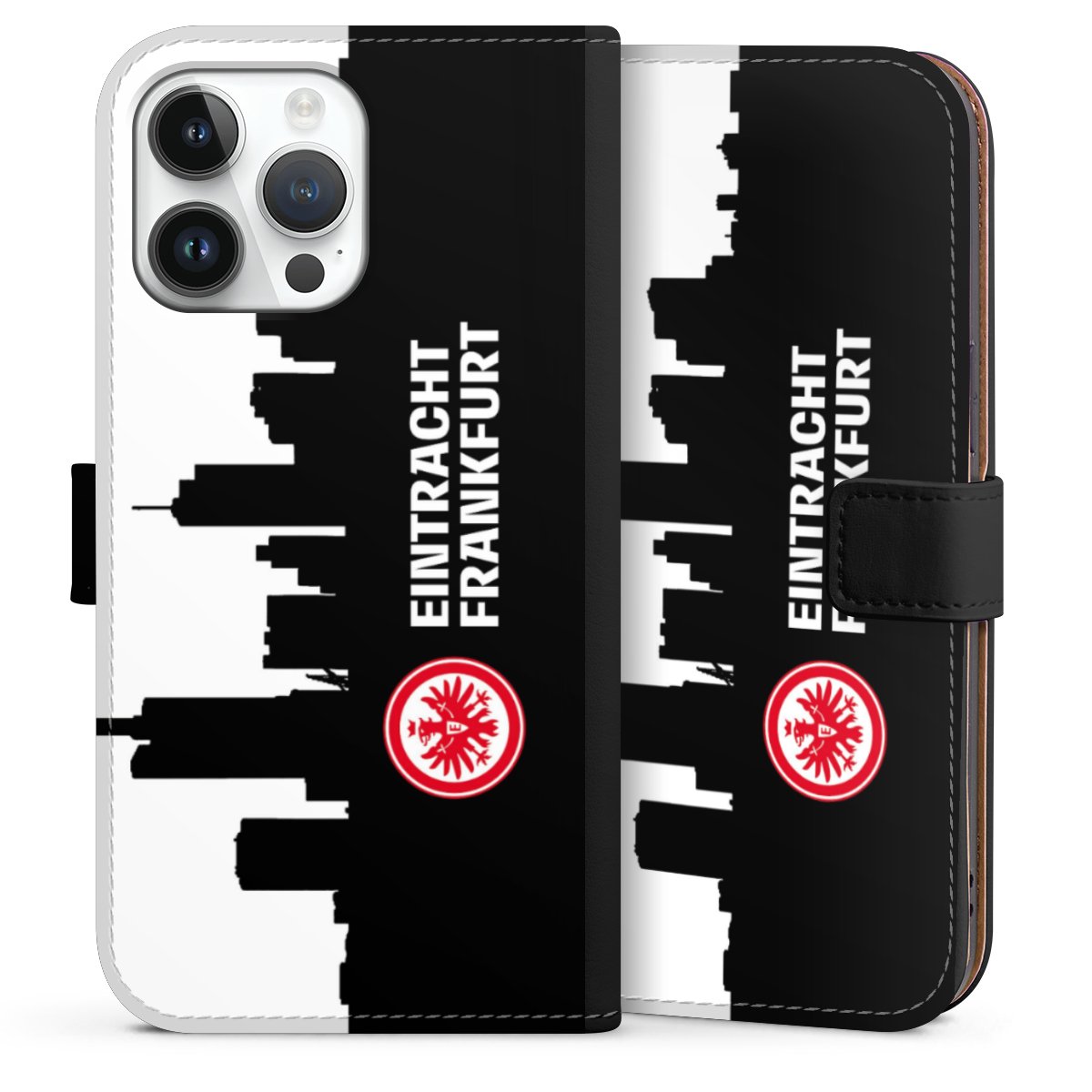 iPhone 14 Pro Max Handy Klapphülle Handyhülle aus Kunst Leder schwarz Flip Case Sge Eintracht Frankfurt Official Licensed Product Sideflip mit Lasche