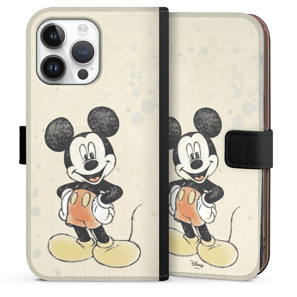 iPhone 14 Pro Max Handy Klapphülle Handyhülle aus Kunst Leder schwarz Flip Case Water Colour Mickey & Minnie Mouse Official Licensed Product Sideflip mit Lasche