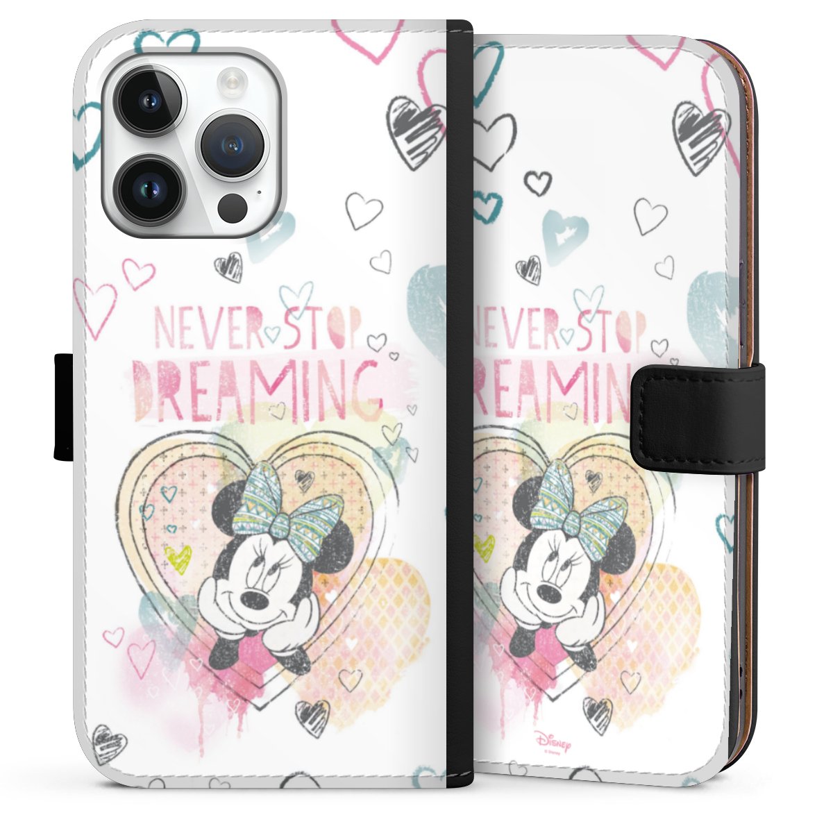 iPhone 14 Pro Max Handy Klapphülle Handyhülle aus Kunst Leder schwarz Flip Case Disney Official Licensed Product Minnie Mouse Sideflip mit Lasche