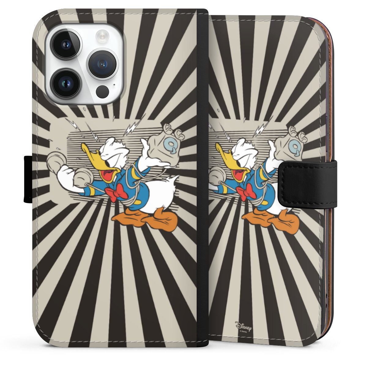 iPhone 14 Pro Max Handy Klapphülle Handyhülle aus Kunst Leder schwarz Flip Case Donald Duck Disney Official Licensed Product Sideflip mit Lasche