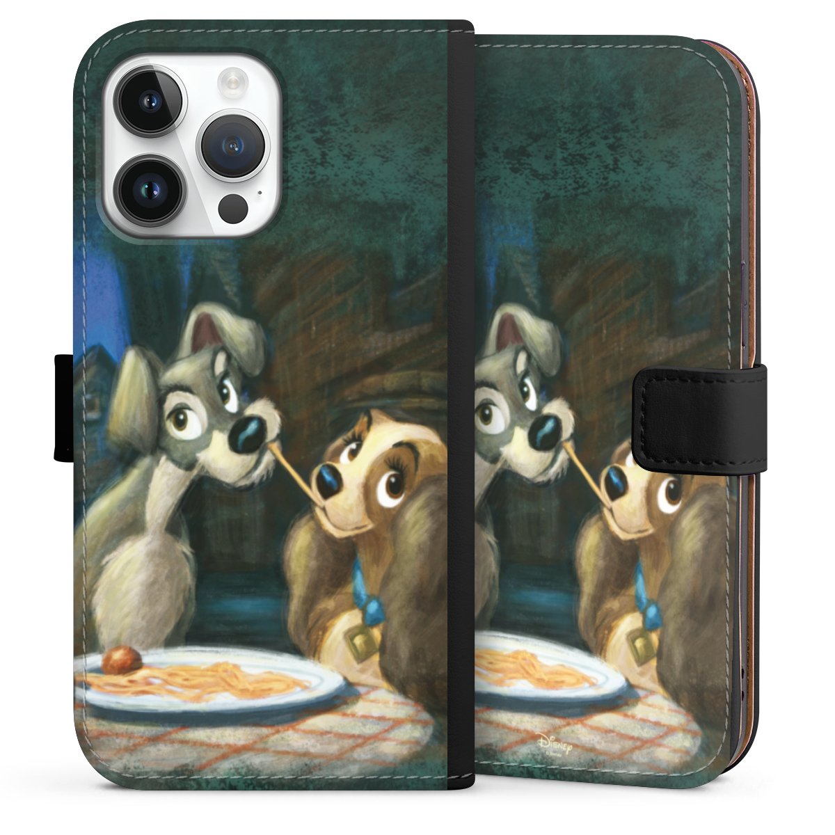 iPhone 14 Pro Max Handy Klapphülle Handyhülle aus Kunst Leder schwarz Flip Case Lady And The Tramp Official Licensed Product Disney Sideflip mit Lasche