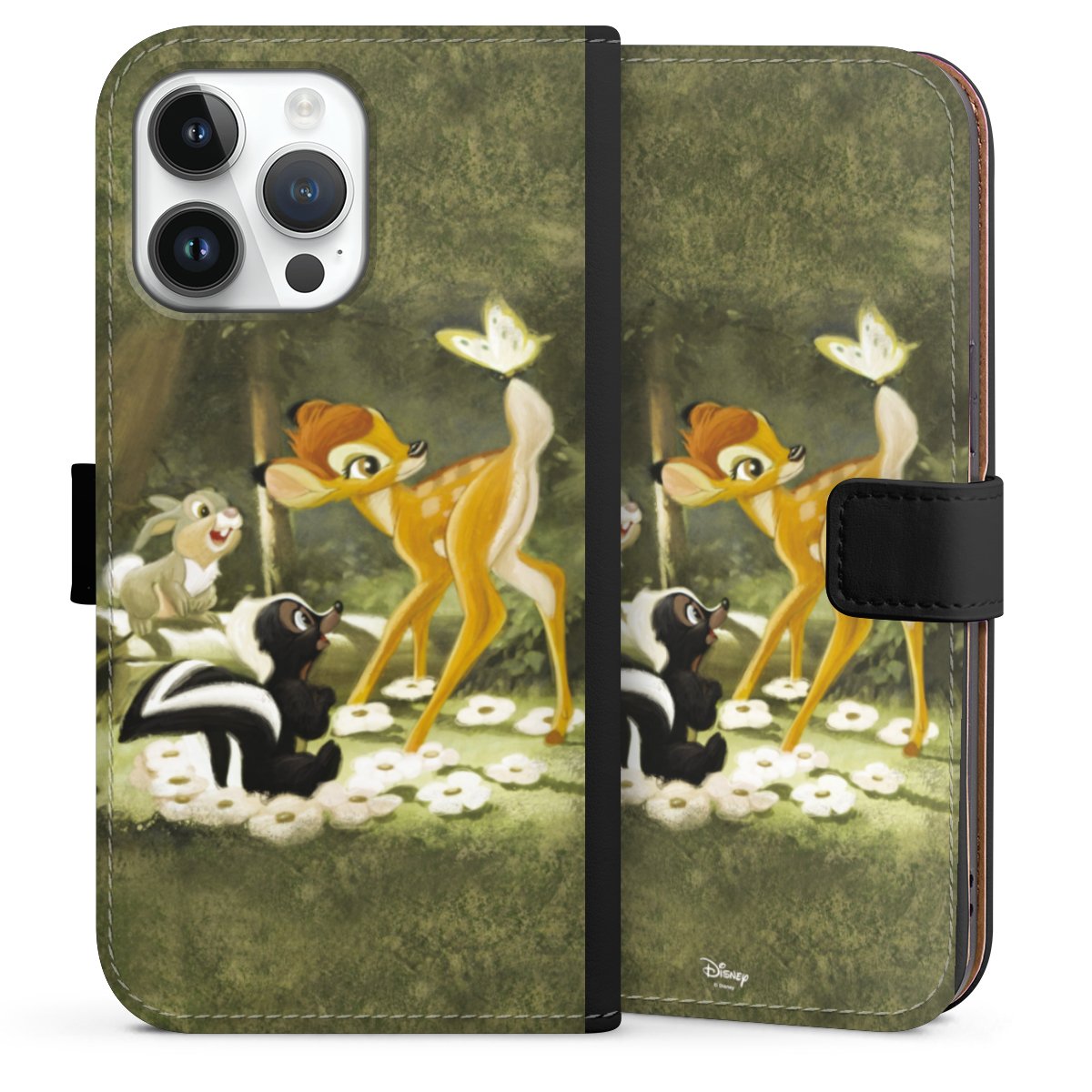 iPhone 14 Pro Max Handy Klapphülle Handyhülle aus Kunst Leder schwarz Flip Case Disney Official Licensed Product Bambi Sideflip mit Lasche