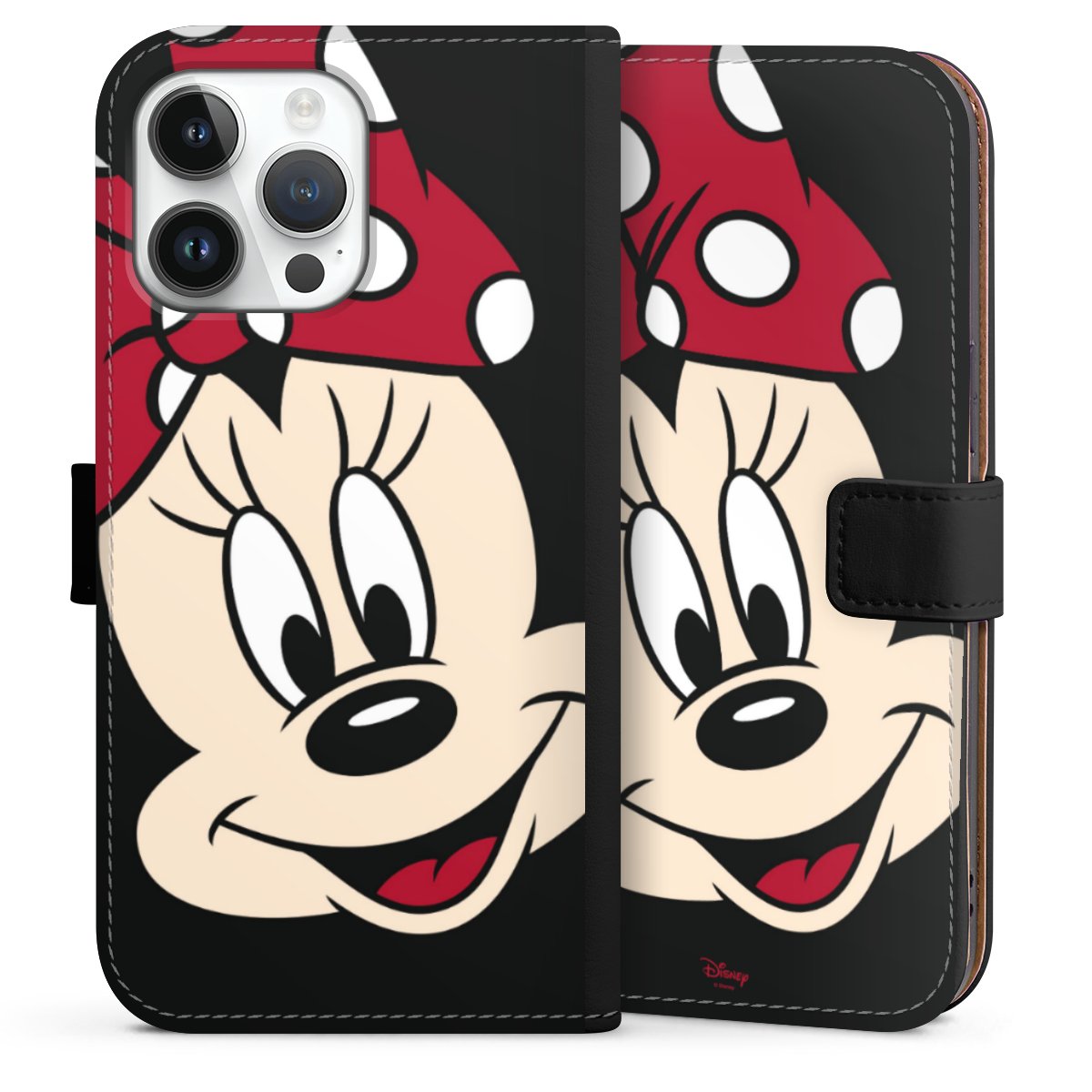 iPhone 14 Pro Max Handy Klapphülle Handyhülle aus Kunst Leder schwarz Flip Case Minnie Mouse Official Licensed Product Disney Sideflip mit Lasche