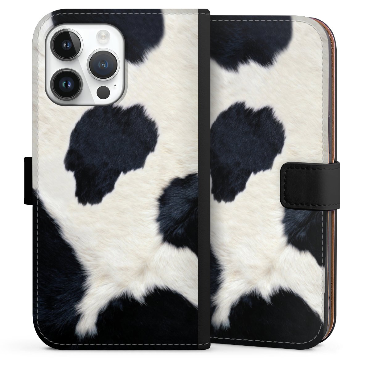 iPhone 14 Pro Max Handy Klapphülle Handyhülle aus Kunst Leder schwarz Flip Case Animal Look Animal Print Cow Skin Sideflip mit Lasche