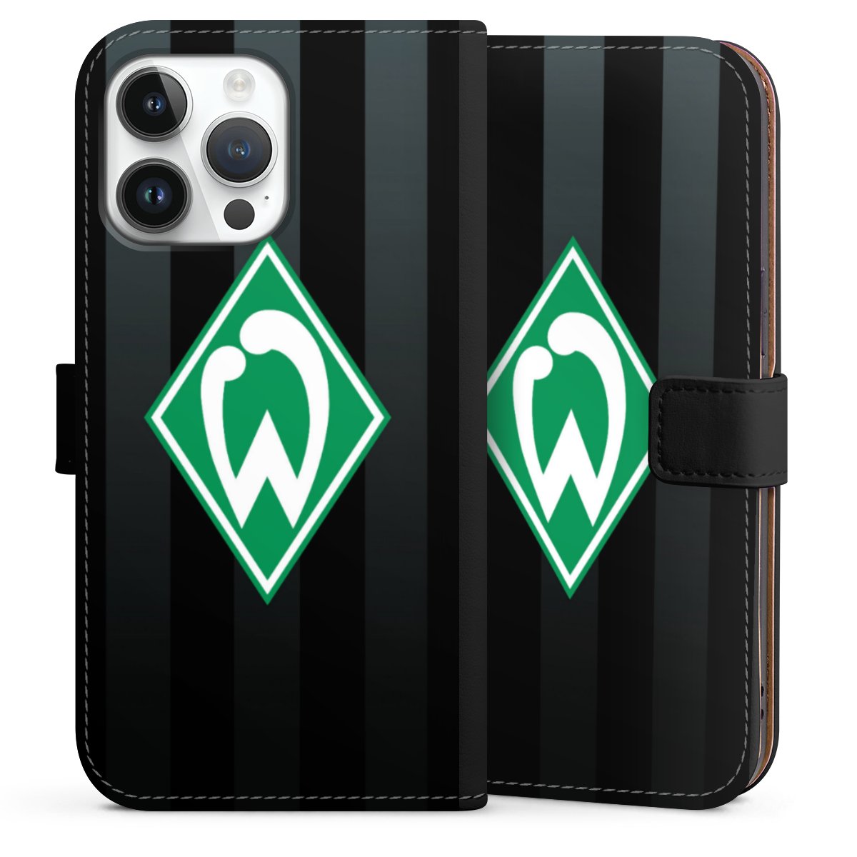 iPhone 14 Pro Max Handy Klapphülle Handyhülle aus Kunst Leder schwarz Flip Case Stripes Sv Werder Bremen Official Licensed Product Sideflip mit Lasche