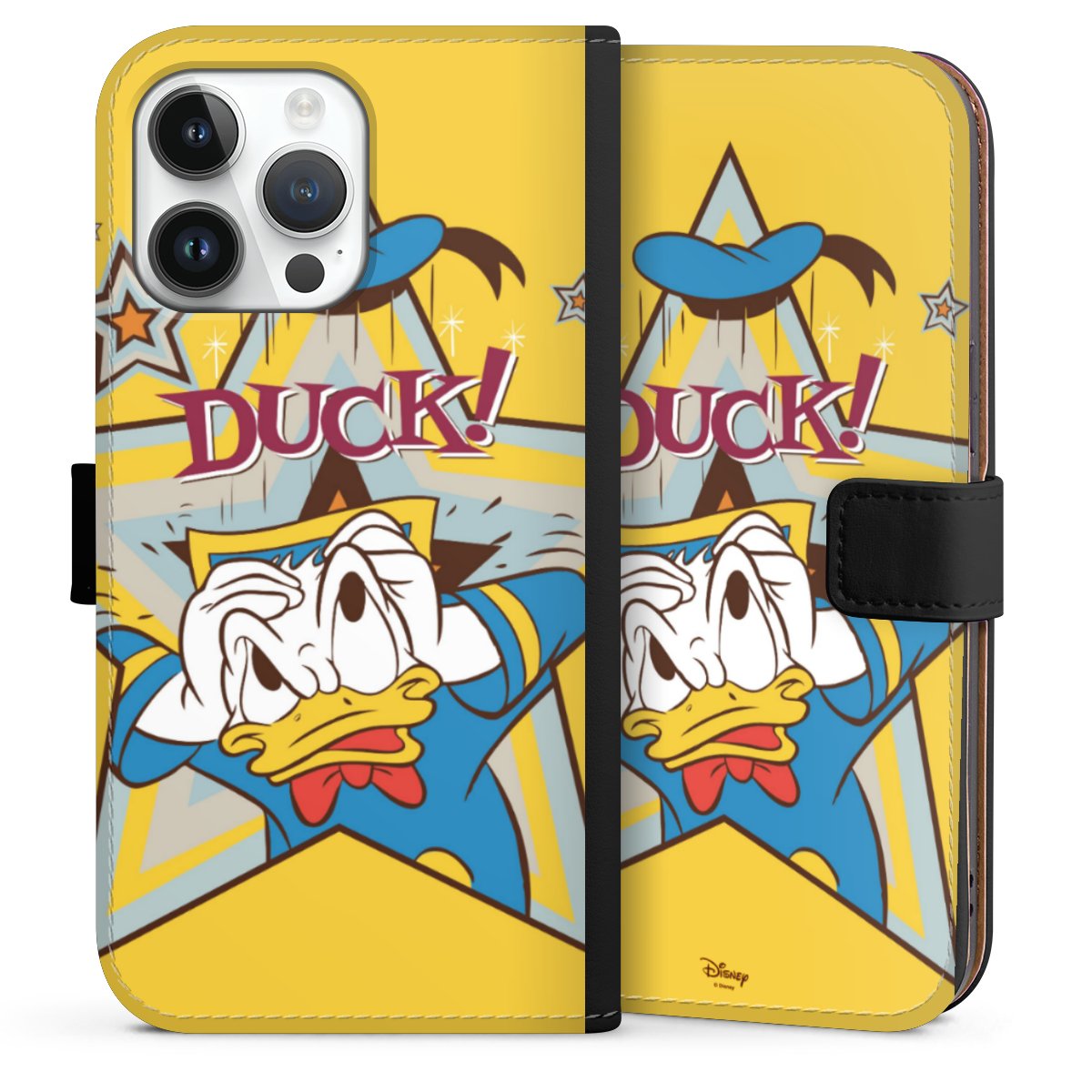 iPhone 14 Pro Max Handy Klapphülle Handyhülle aus Kunst Leder schwarz Flip Case Official Licensed Product Donald Duck Disney Sideflip mit Lasche