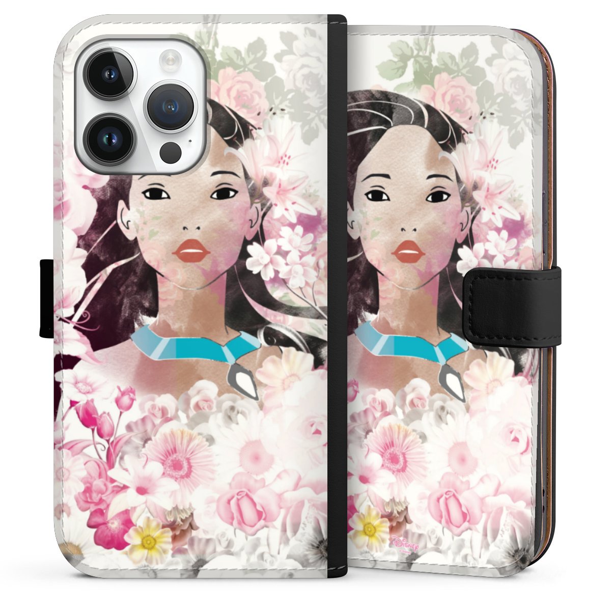 iPhone 14 Pro Max Handy Klapphülle Handyhülle aus Kunst Leder schwarz Flip Case Pocahontas Official Licensed Product Disney Sideflip mit Lasche