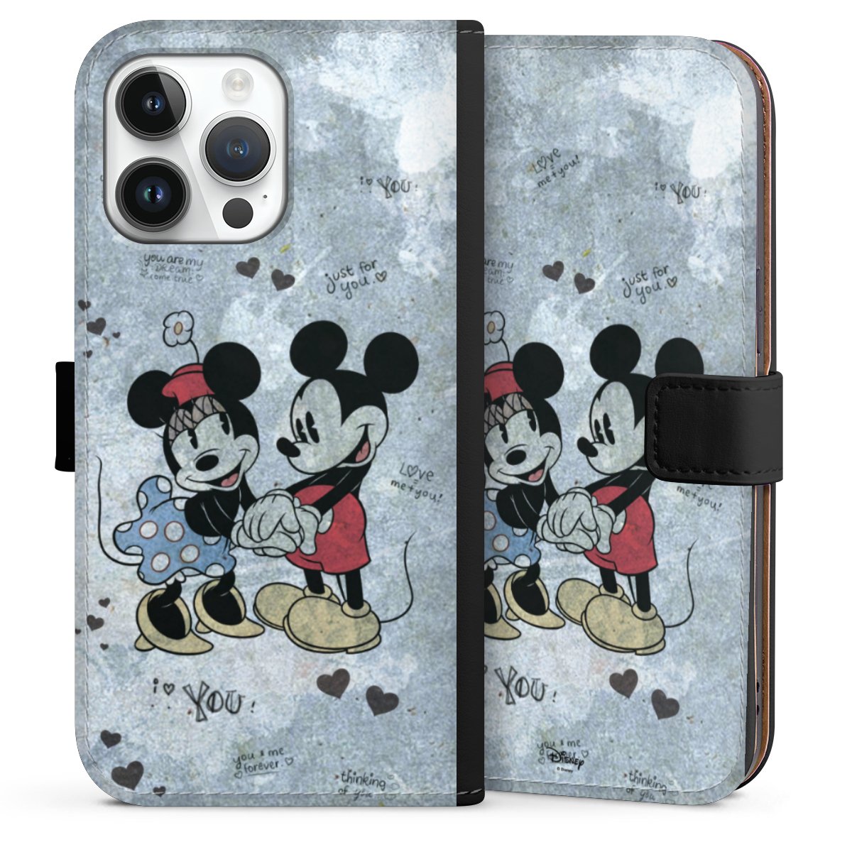 iPhone 14 Pro Max Handy Klapphülle Handyhülle aus Kunst Leder schwarz Flip Case Mickey & Minnie Mouse Vintage Disney Sideflip mit Lasche