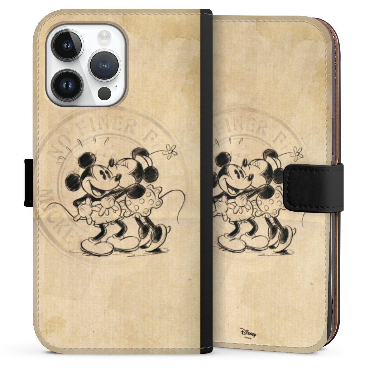 iPhone 14 Pro Max Handy Klapphülle Handyhülle aus Kunst Leder schwarz Flip Case Mickey Mouse Vintage Minnie Mouse Sideflip mit Lasche