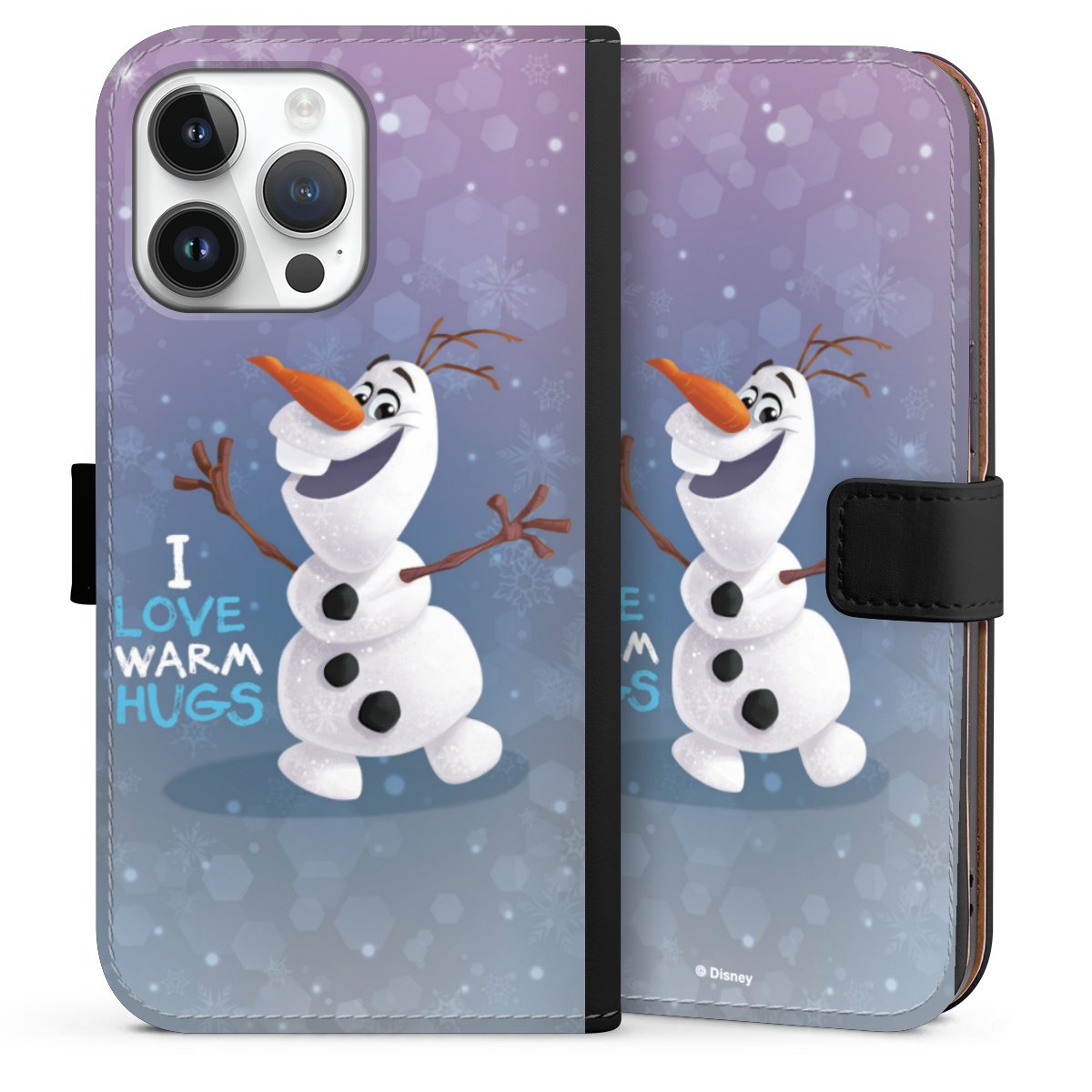 iPhone 14 Pro Max Handy Klapphülle Handyhülle aus Kunst Leder schwarz Flip Case Frozen Frozen Olaf Official Licensed Product Sideflip mit Lasche