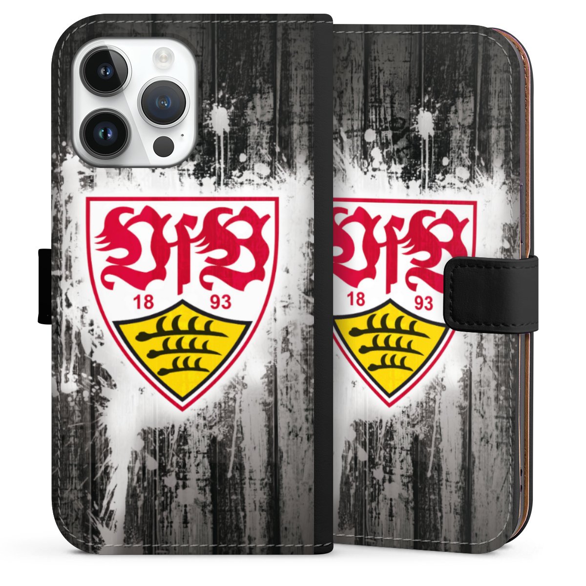 iPhone 14 Pro Max Handy Klapphülle Handyhülle aus Kunst Leder schwarz Flip Case Vfb Stuttgart Official Licensed Product Sideflip mit Lasche